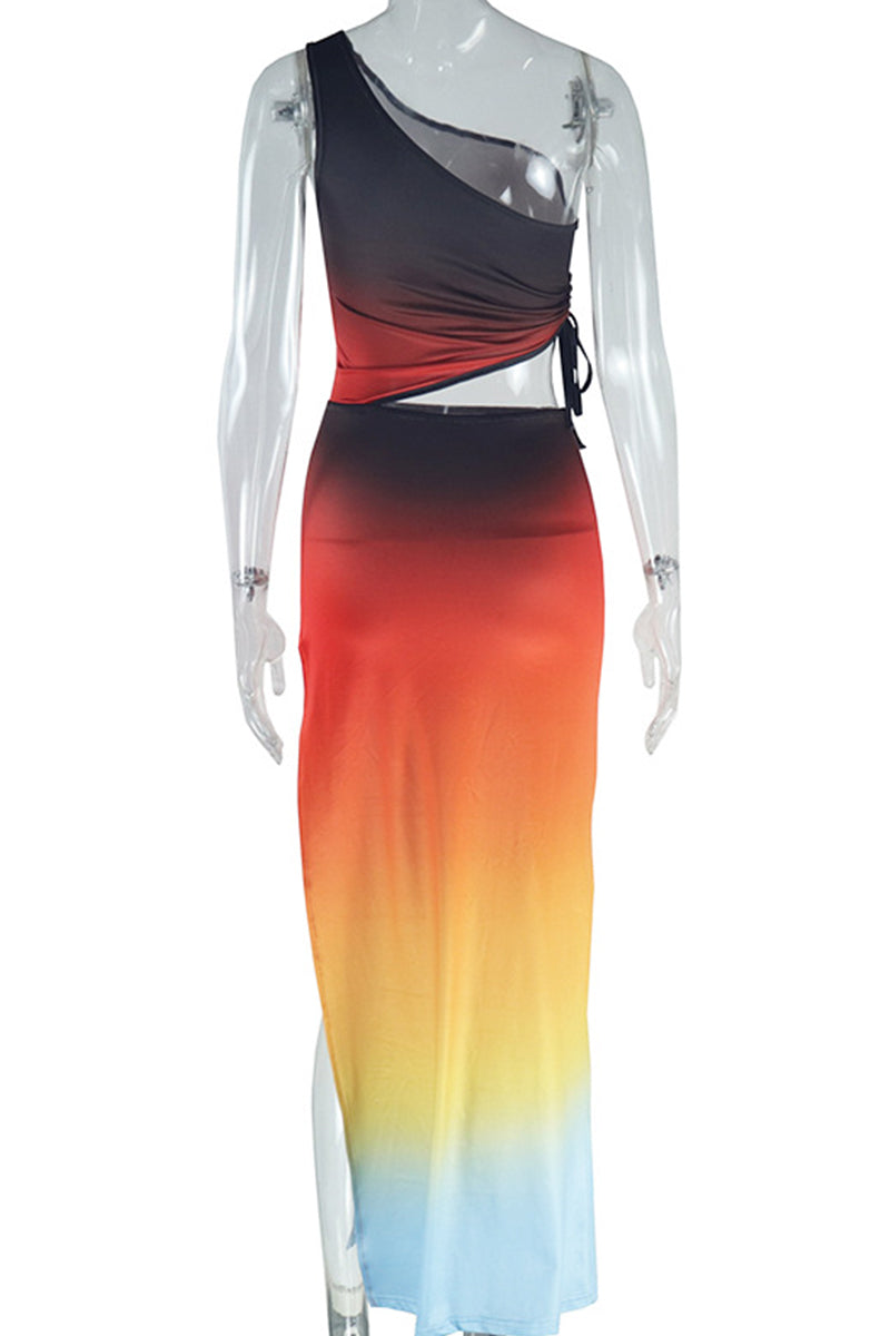 Elegant Gradient Color Patchwork Backless High Slit Strap Design Oblique Collar Sleeveless Two Pieces