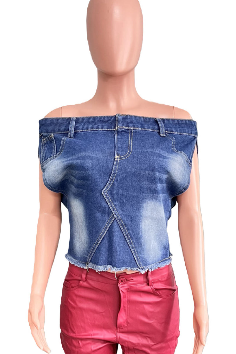 Street Print Patchwork Backless Off Shoulder Sleeveless Loose Denim Jacket