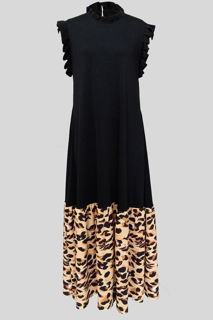 Elegant Leopard Print Patchwork Zipper Ruffled Trim Mandarin Collar Long Dresses