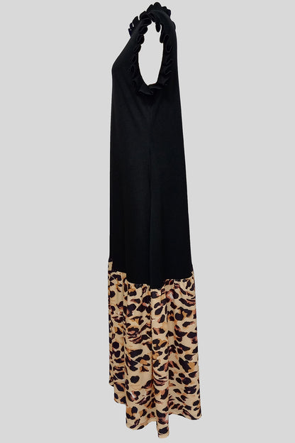 Elegant Leopard Print Patchwork Zipper Ruffled Trim Mandarin Collar Long Dresses