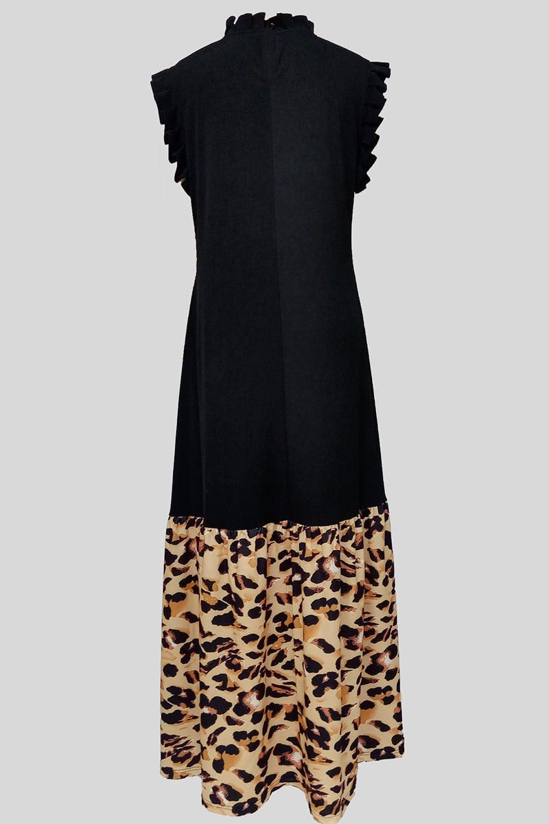 Elegant Leopard Print Patchwork Zipper Ruffled Trim Mandarin Collar Long Dresses