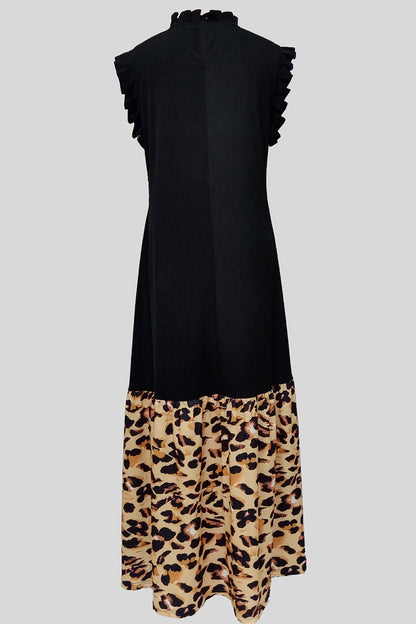 Elegant Leopard Print Patchwork Zipper Ruffled Trim Mandarin Collar Long Dresses