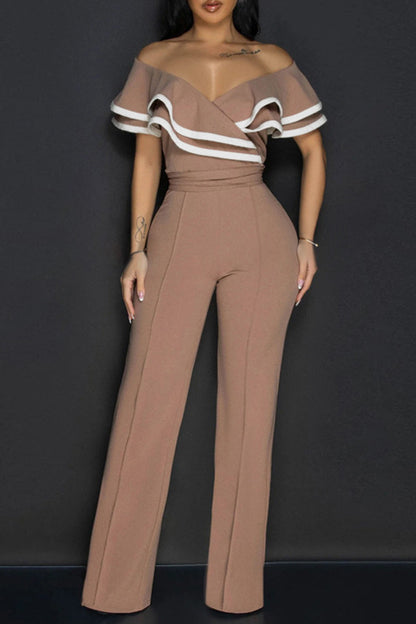 Casual Patchwork Backless Strap Design Zipper Contrast Ruffled Trim V Neck Regular Jumpsuits(3 Colors)