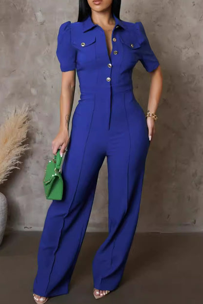 Casual Pocket Buckle Patchwork Turndown Collar Regular Jumpsuits(4 Colors)