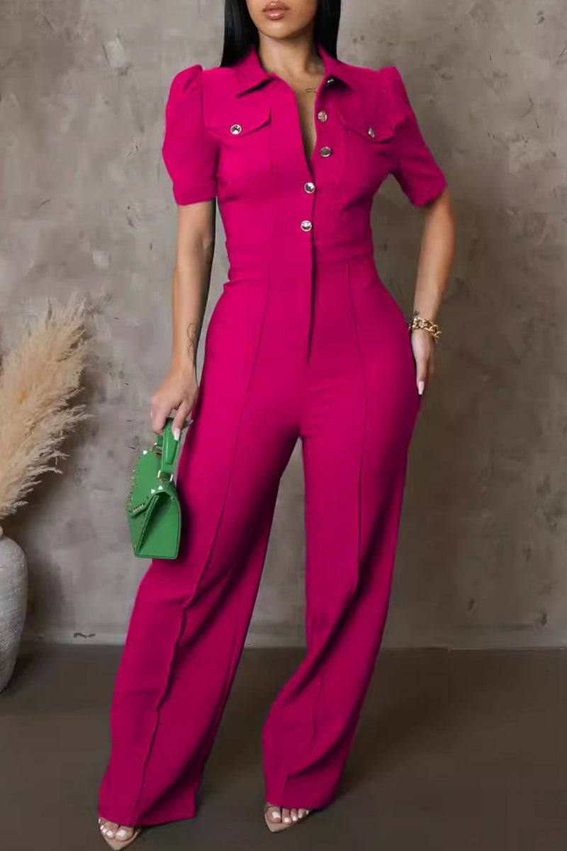 Casual Pocket Buckle Patchwork Turndown Collar Regular Jumpsuits(4 Colors)