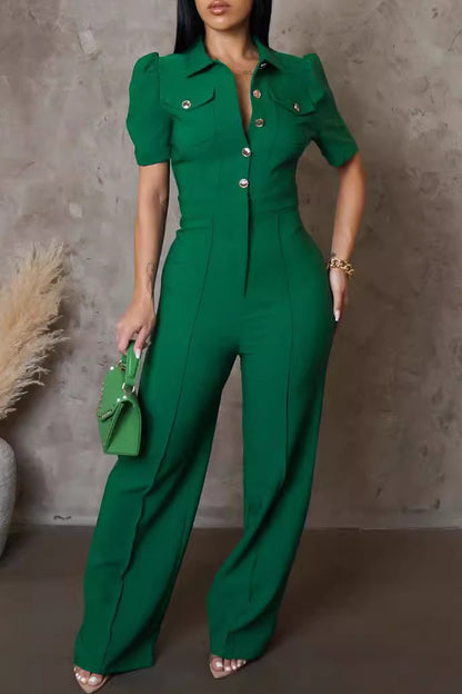 Casual Pocket Buckle Patchwork Turndown Collar Regular Jumpsuits(4 Colors)