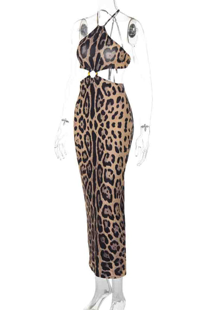 Sexy Leopard Print Hollow Out Patchwork Backless Halter Long Dresses