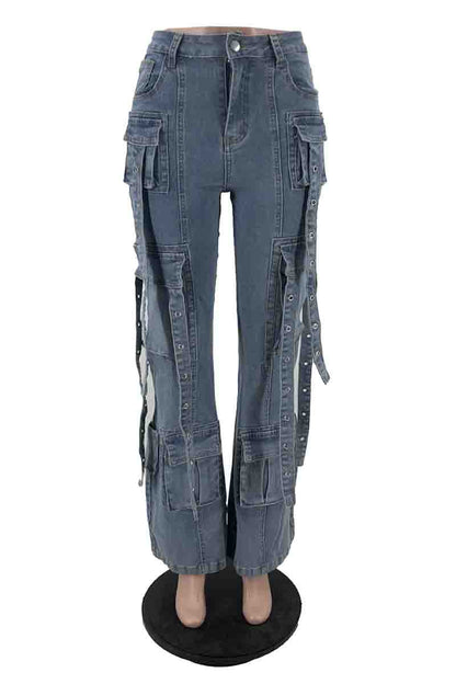 Street Solid Color Pocket Buttons Patchwork Mid Waist Regular Denim Jeans