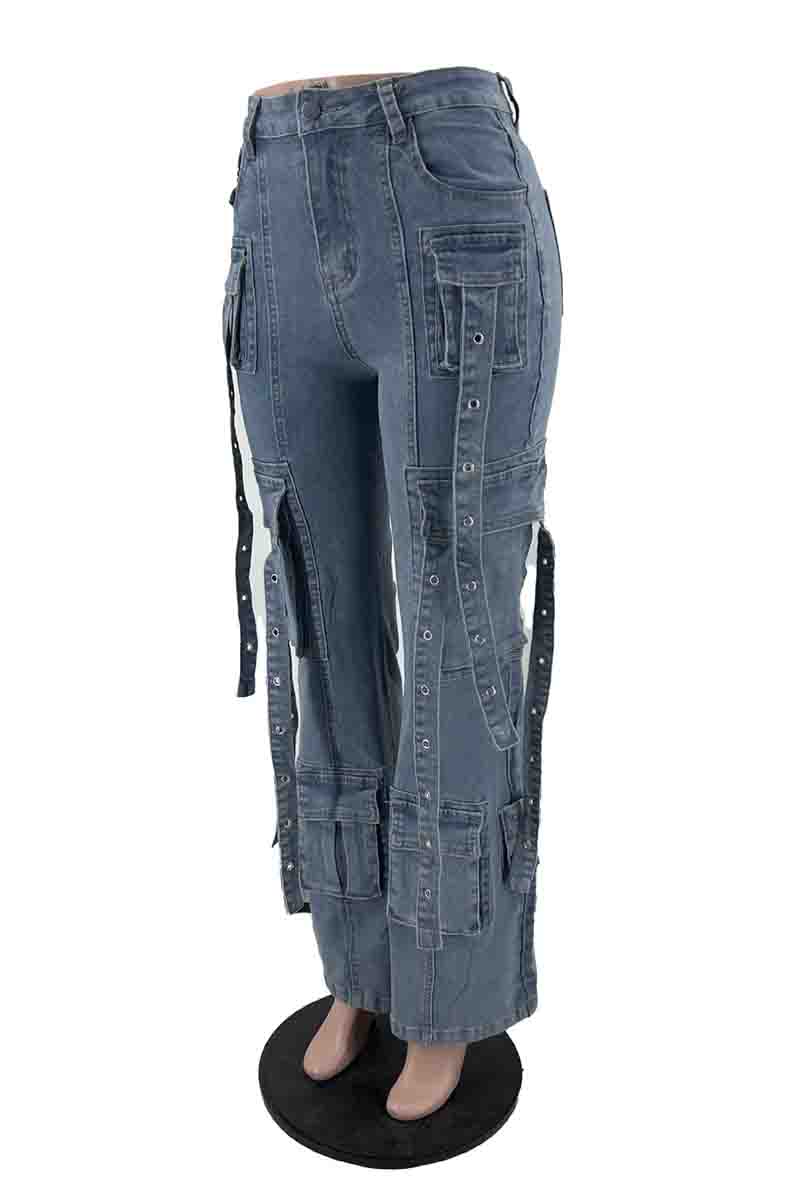 Street Solid Color Pocket Buttons Patchwork Mid Waist Regular Denim Jeans