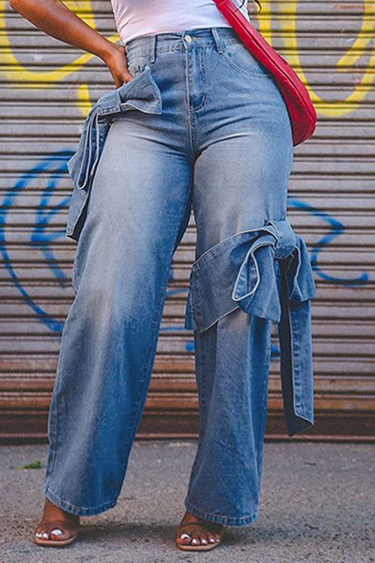 Casual Solid Color Patchwork Belted High Waist Fitted Denim Jeans