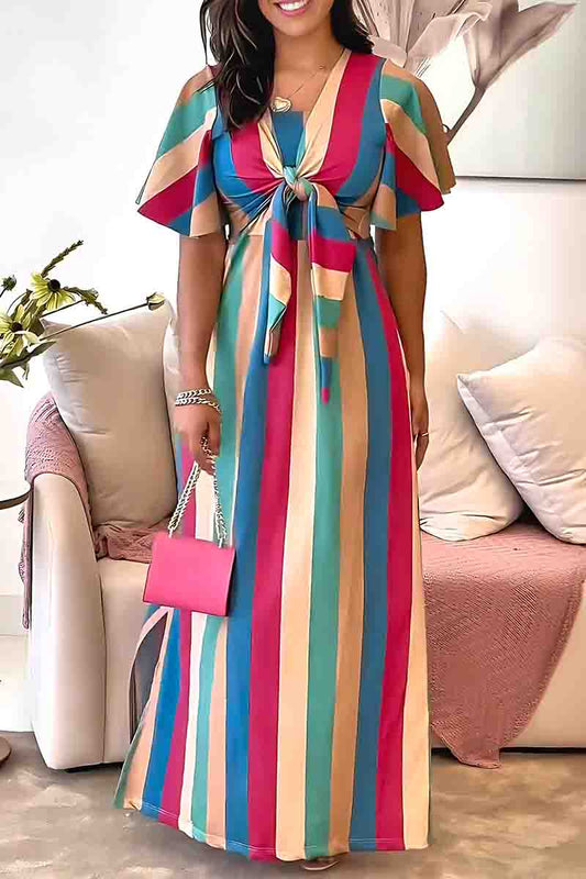 Elegant Stripe Patchwork Strap Design O Neck Long Dresses