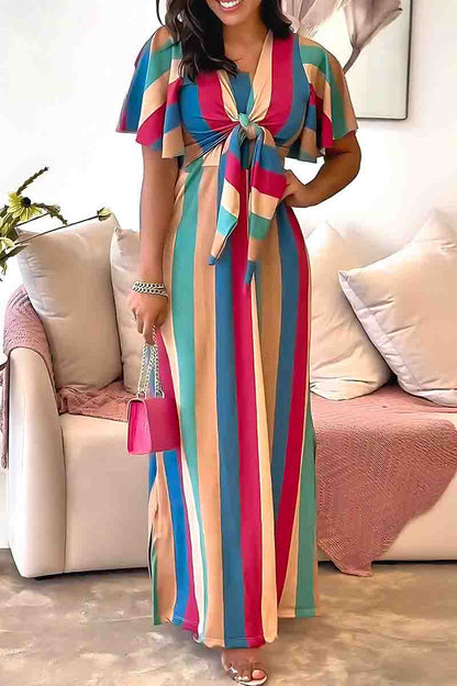 Elegant Stripe Patchwork Strap Design O Neck Long Dresses