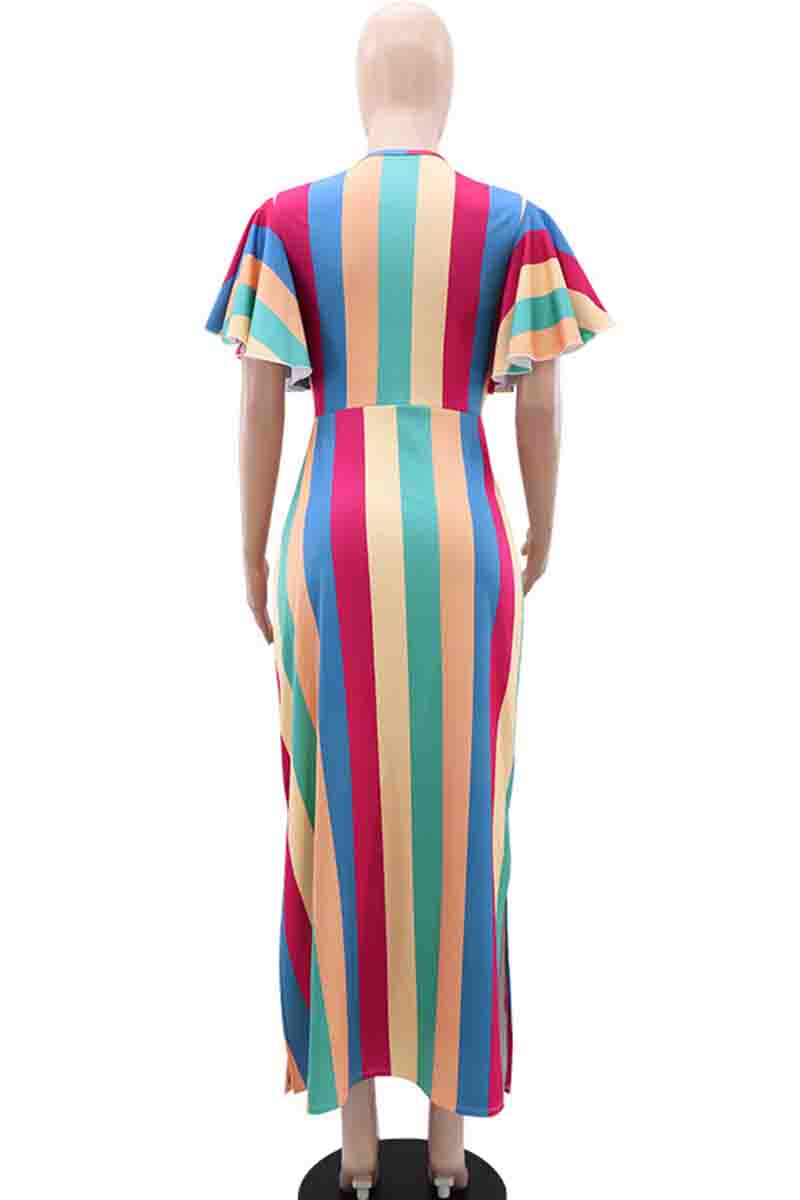 Elegant Stripe Patchwork Strap Design O Neck Long Dresses