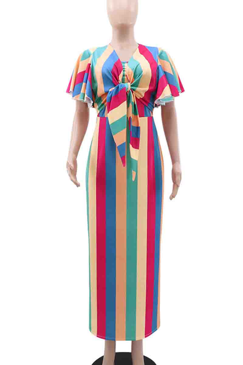 Elegant Stripe Patchwork Strap Design O Neck Long Dresses