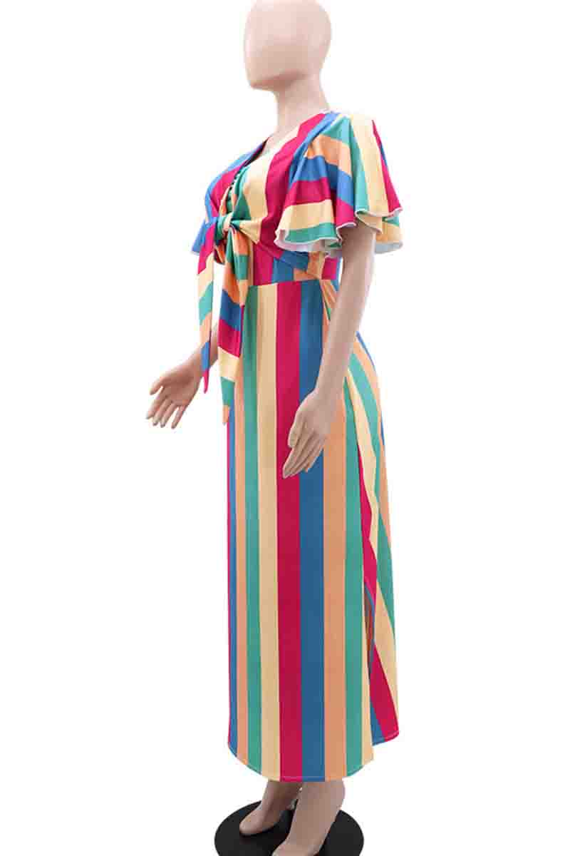 Elegant Stripe Patchwork Strap Design O Neck Long Dresses