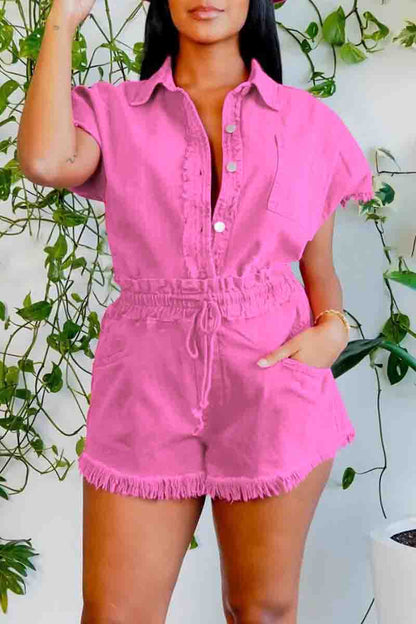 Casual Draw String Pocket Buckle Patchwork Turndown Collar Short Sleeve Two Pieces(4 Colors)