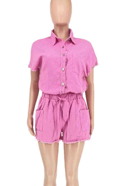 Casual Draw String Pocket Buckle Patchwork Turndown Collar Short Sleeve Two Pieces(4 Colors)