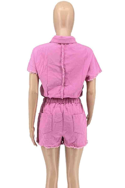 Casual Draw String Pocket Buckle Patchwork Turndown Collar Short Sleeve Two Pieces(4 Colors)