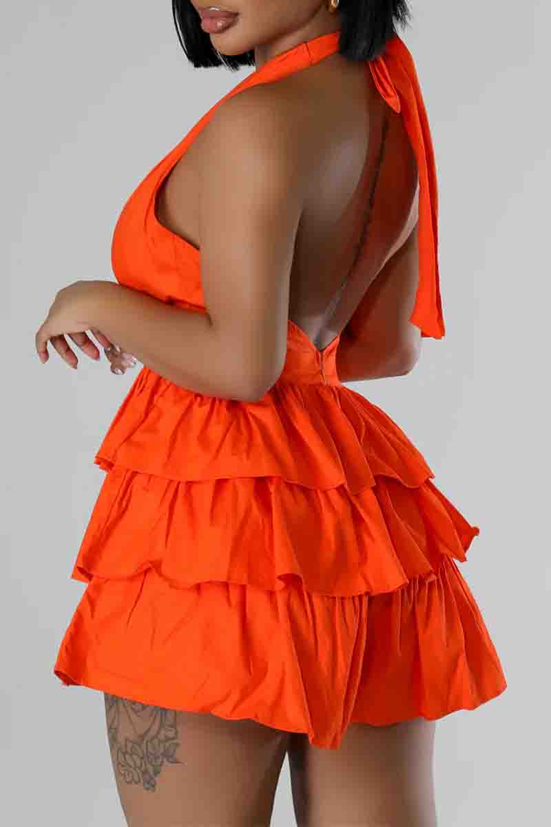 Sexy Patchwork Backless Strap Design Ruffled Trim Halter Loose Rompers