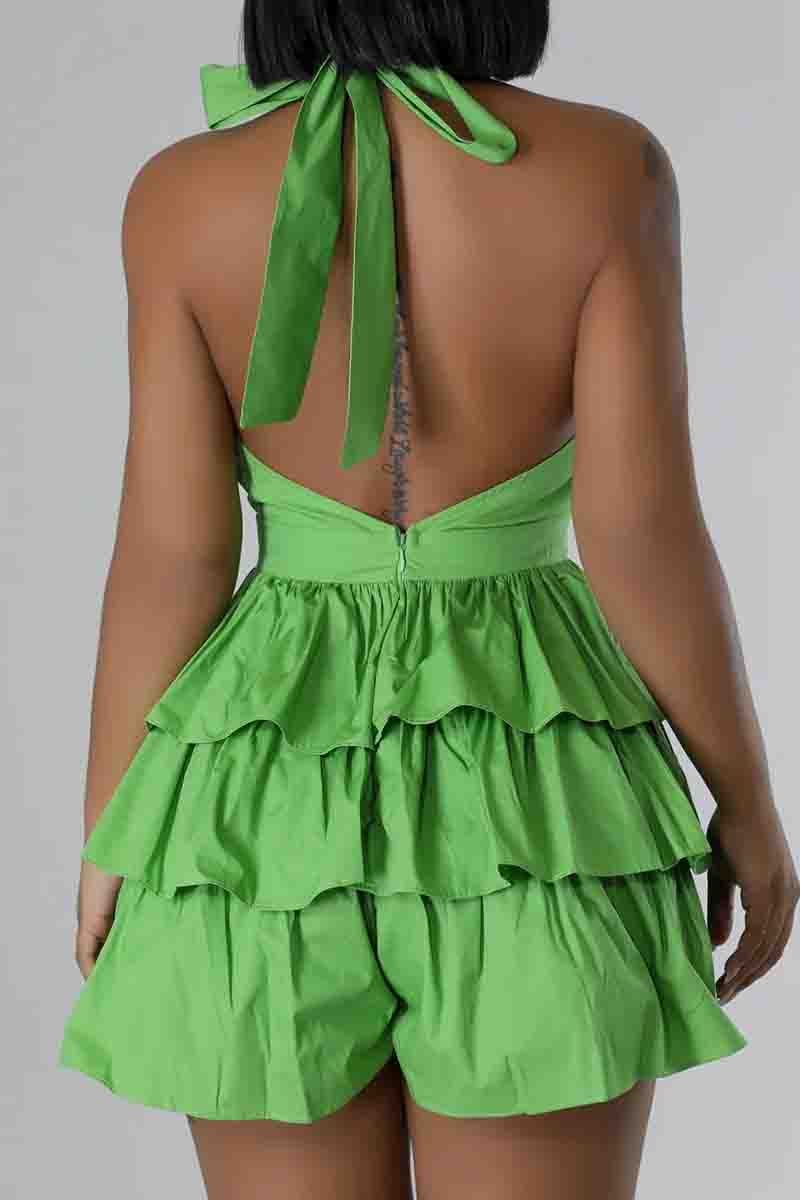 Sexy Patchwork Backless Strap Design Ruffled Trim Halter Loose Rompers