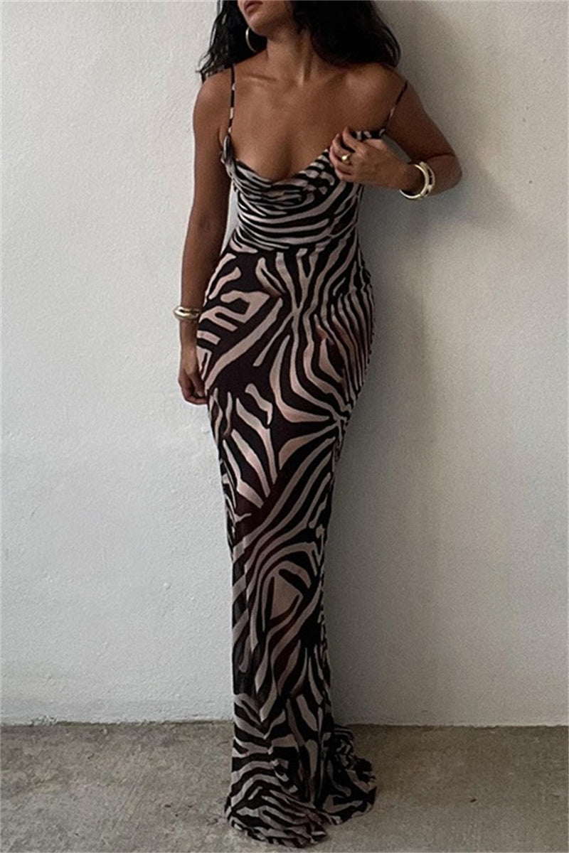 Sexy Zebra Print Backless Spaghetti Strap Long Dresses