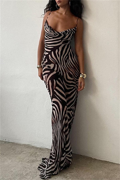 Sexy Zebra Print Backless Spaghetti Strap Long Dresses