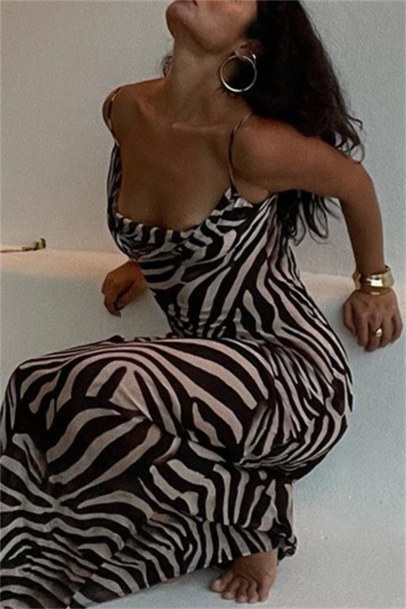 Sexy Zebra Print Backless Spaghetti Strap Long Dresses