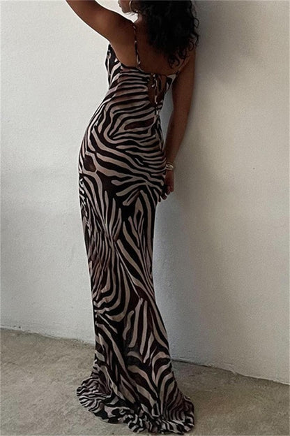 Sexy Zebra Print Backless Spaghetti Strap Long Dresses