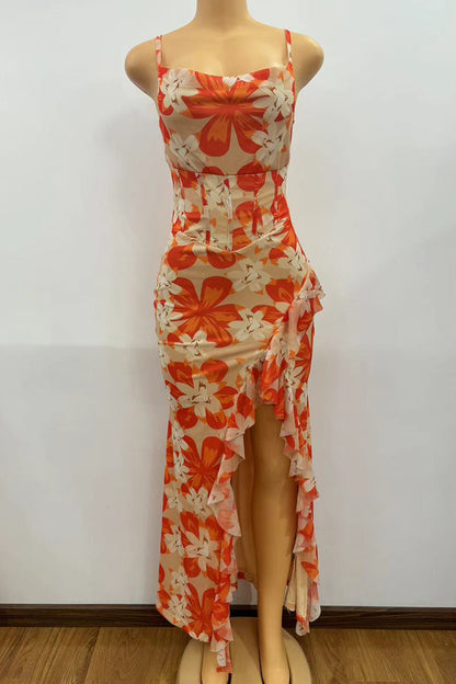 Elegant Print Patchwork Backless High Slit Spaghetti Strap Sling Dresses