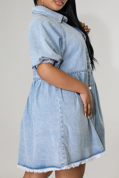 Street Buckle Patchwork Turndown Collar Short Sleeve Loose Denim Dresses