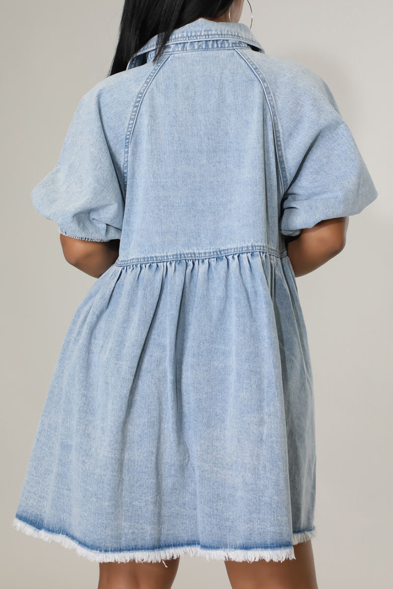 Street Buckle Patchwork Turndown Collar Short Sleeve Loose Denim Dresses