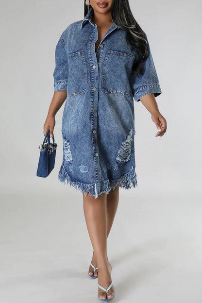 Street Fringed Trim Ripped Pocket Buckle Patchwork Turndown Collar Three Quarter Loose Denim Dresses