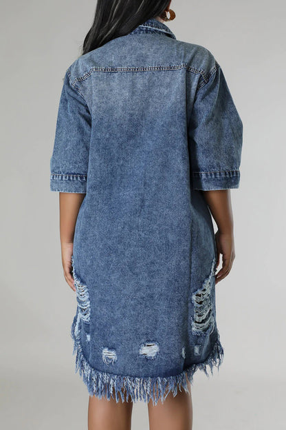 Street Fringed Trim Ripped Pocket Buckle Patchwork Turndown Collar Three Quarter Loose Denim Dresses