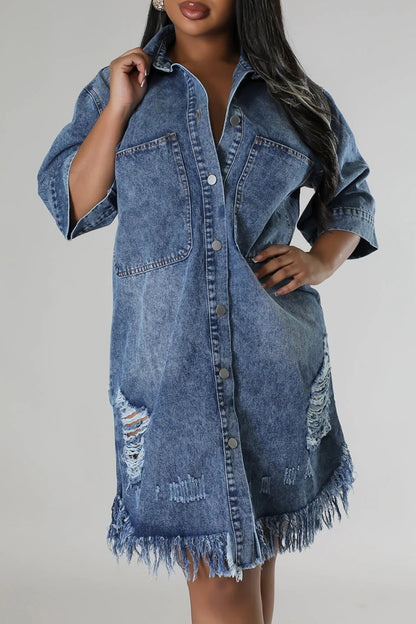 Street Fringed Trim Ripped Pocket Buckle Patchwork Turndown Collar Three Quarter Loose Denim Dresses