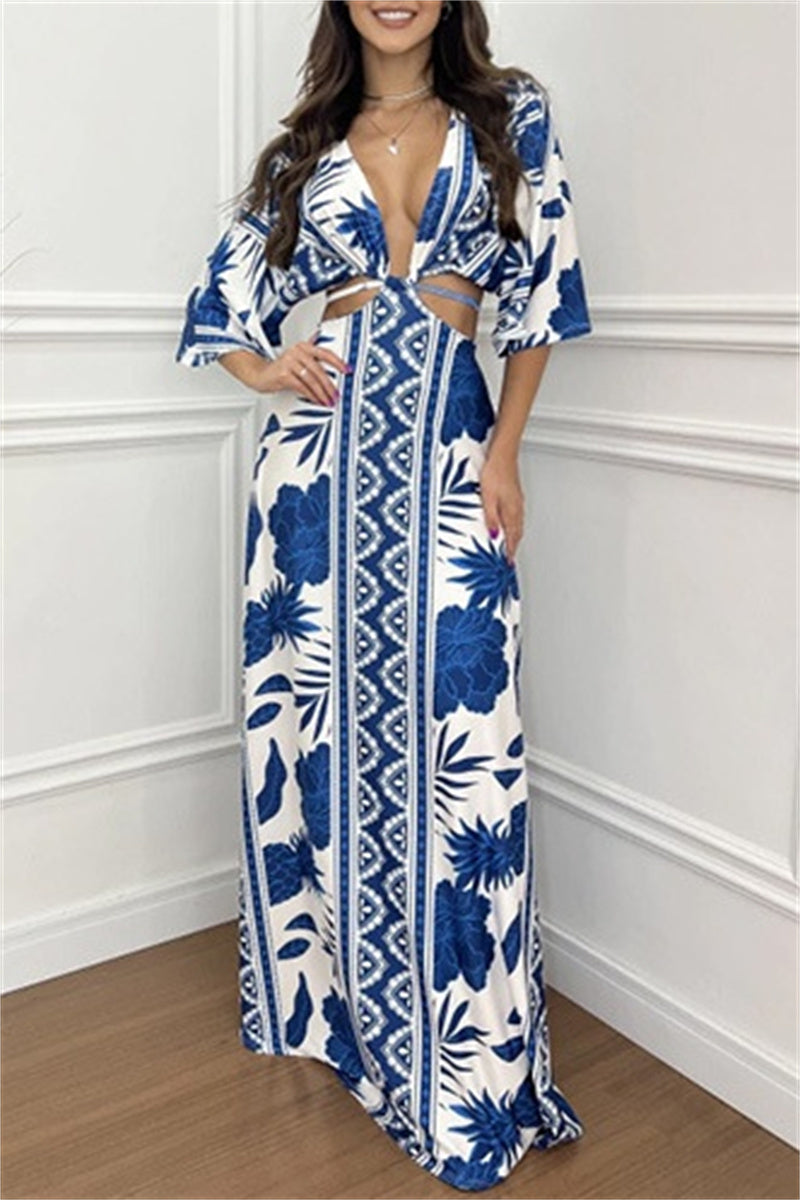 Casual Print Belted V Neck Long Dresses(3 Colors)