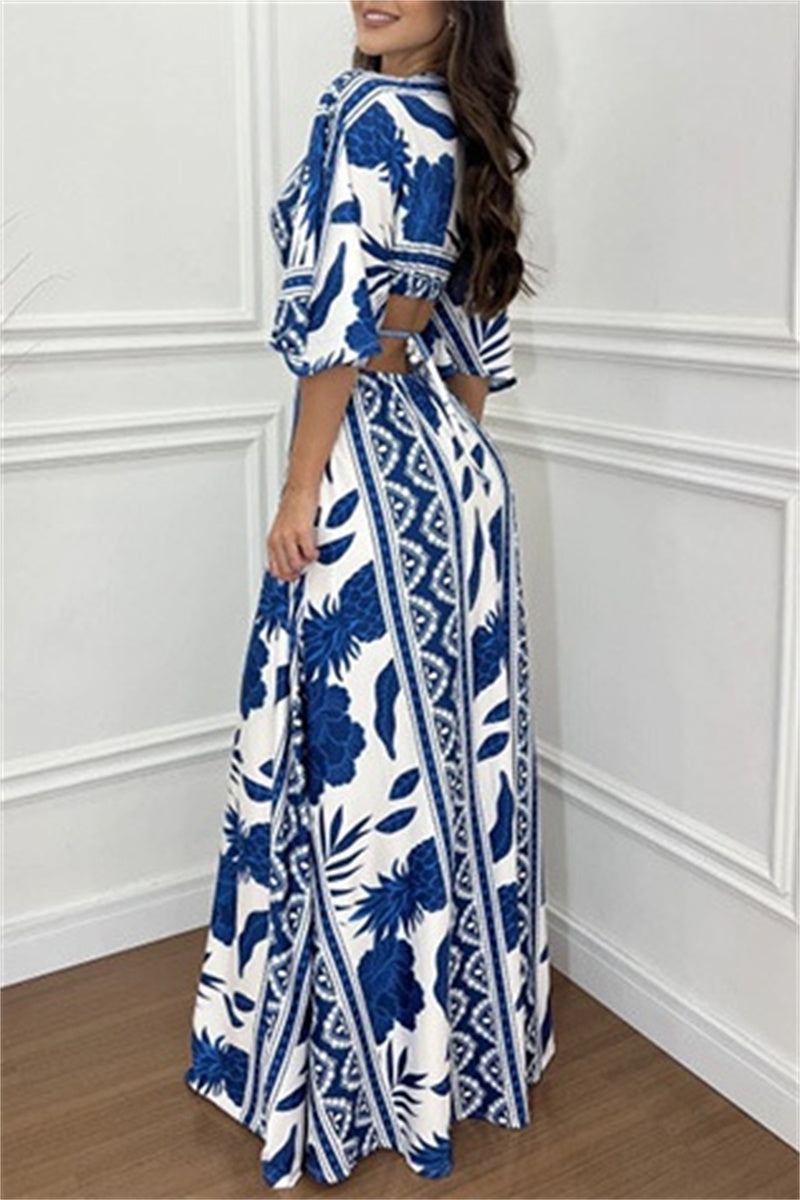 Casual Print Belted V Neck Long Dresses(3 Colors)