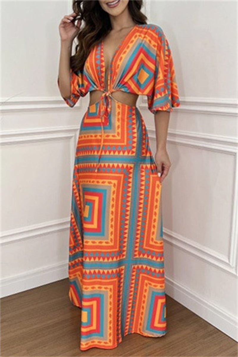 Casual Print Belted V Neck Long Dresses(3 Colors)