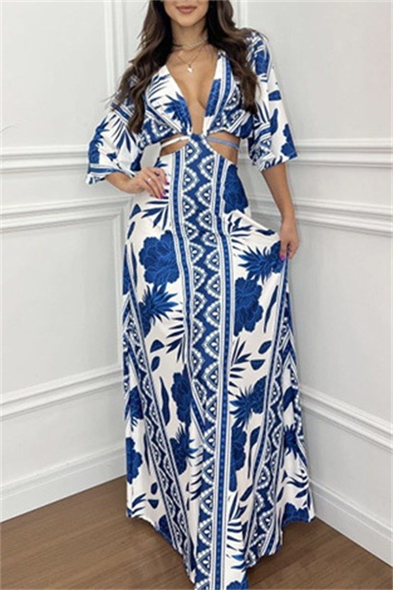 Casual Print Belted V Neck Long Dresses(3 Colors)