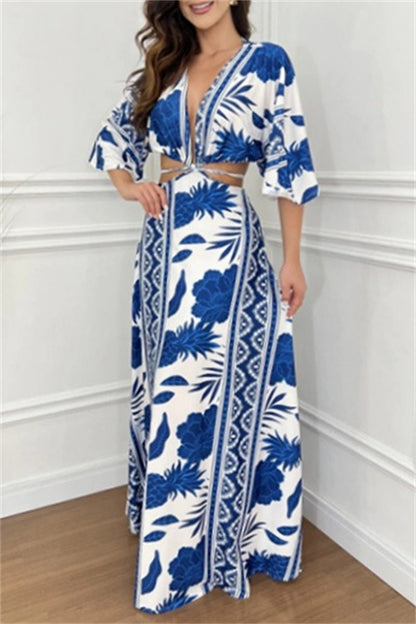 Casual Print Belted V Neck Long Dresses(3 Colors)