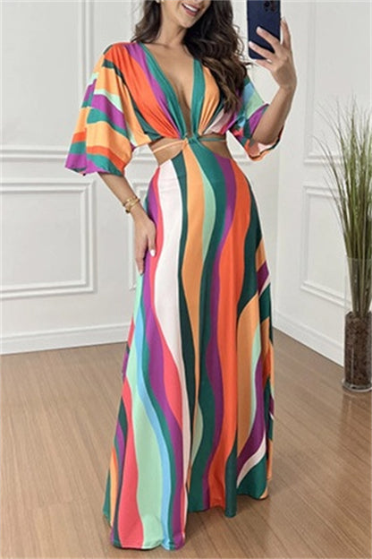 Casual Print Belted V Neck Long Dresses(3 Colors)