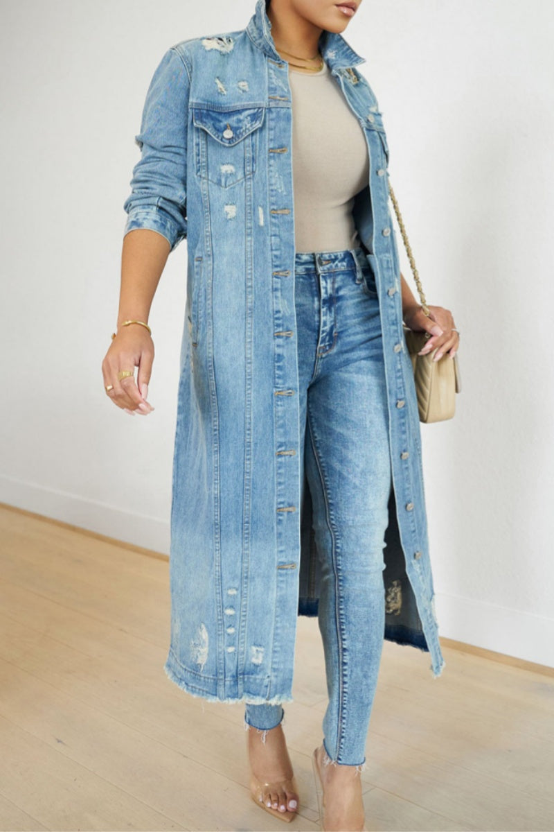 Casual Ripped Turndown Collar Long Sleeve Regular Denim Jacket