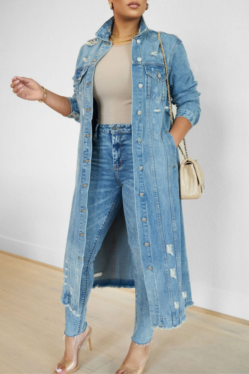 Casual Ripped Turndown Collar Long Sleeve Regular Denim Jacket