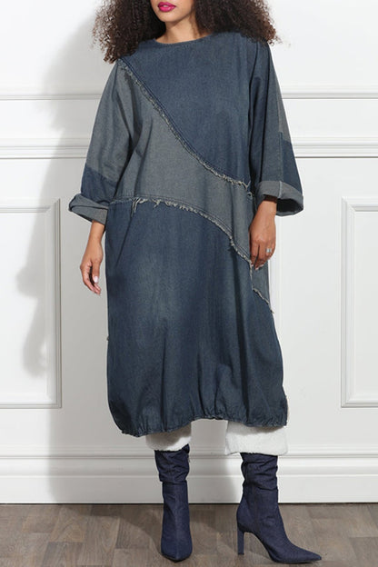 Casual Patchwork Contrast O Neck Long Sleeve Loose Denim Dresses