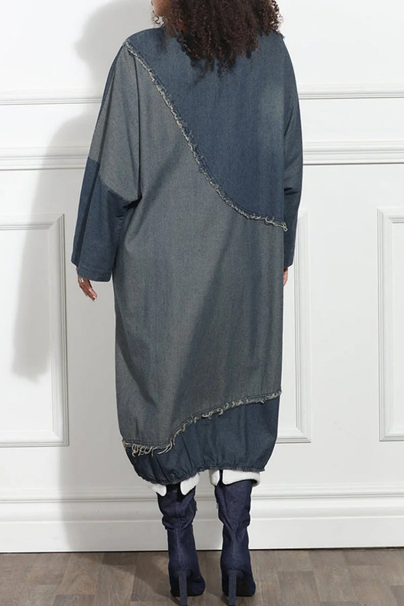 Casual Patchwork Contrast O Neck Long Sleeve Loose Denim Dresses