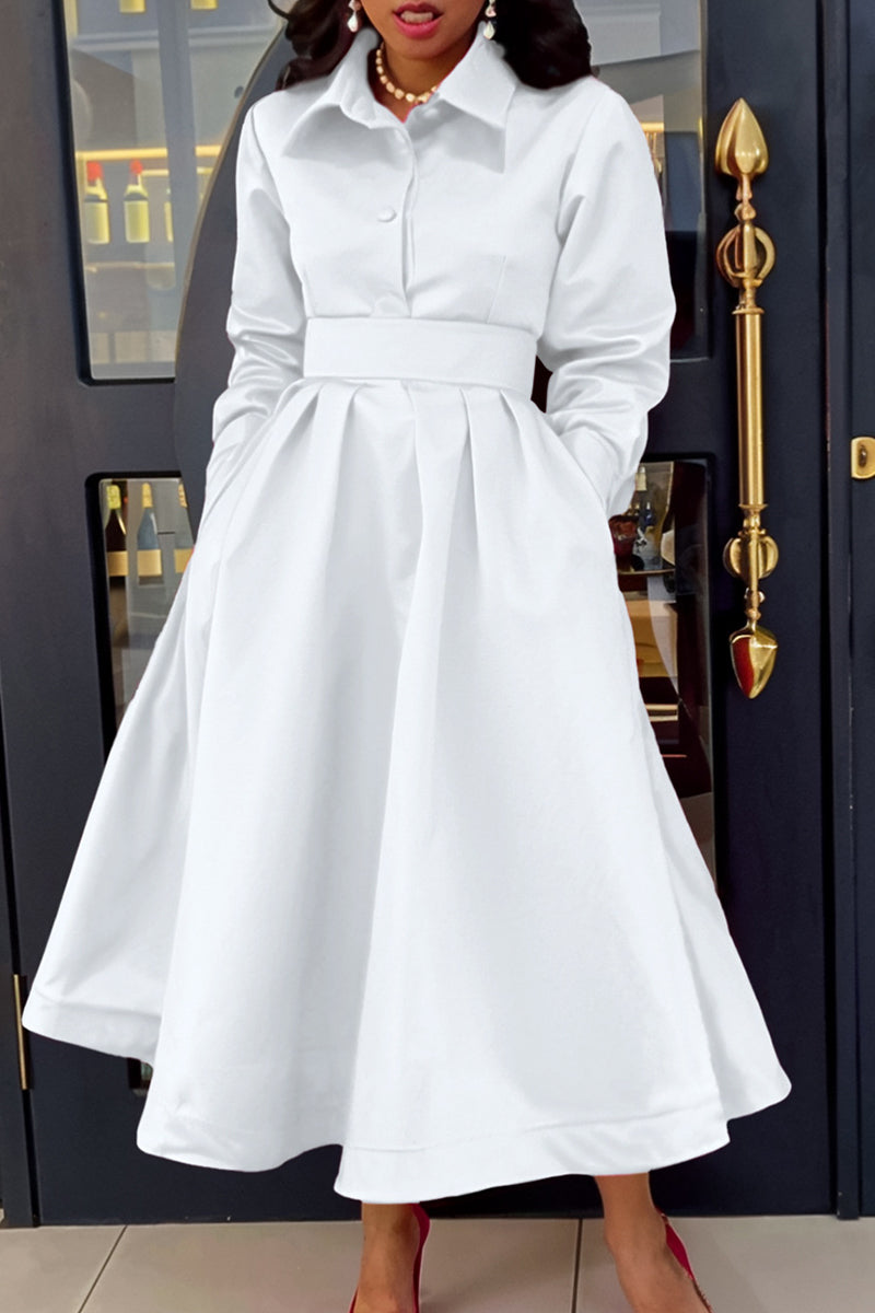 Elegant Pocket Buckle Patchwork Turndown Collar Long Dresses(4 Colors)