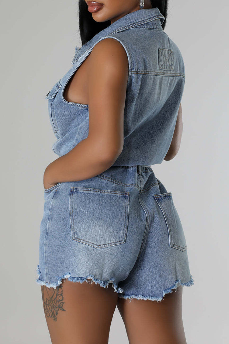 Street Pocket Buckle Patchwork Strap Design Turndown Collar Sleeveless Regular Denim Jumpsuits