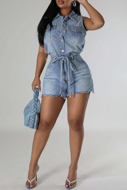 Street Pocket Buckle Patchwork Strap Design Turndown Collar Sleeveless Regular Denim Jumpsuits