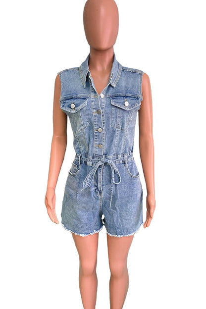 Street Pocket Buckle Patchwork Strap Design Turndown Collar Sleeveless Regular Denim Jumpsuits