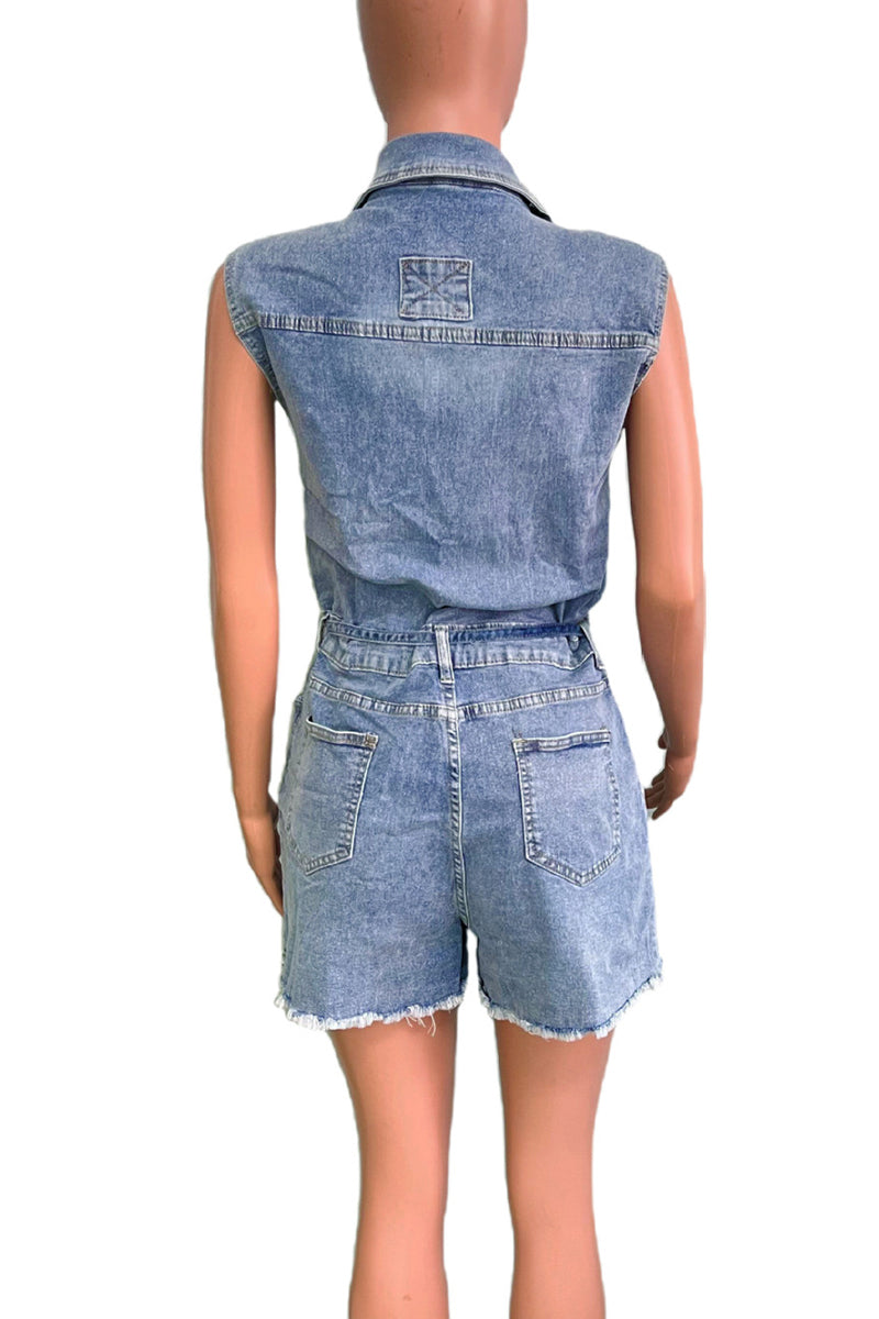 Street Pocket Buckle Patchwork Strap Design Turndown Collar Sleeveless Regular Denim Jumpsuits