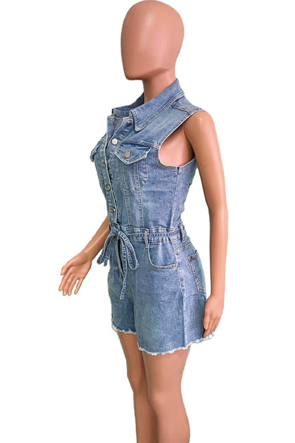 Street Pocket Buckle Patchwork Strap Design Turndown Collar Sleeveless Regular Denim Jumpsuits